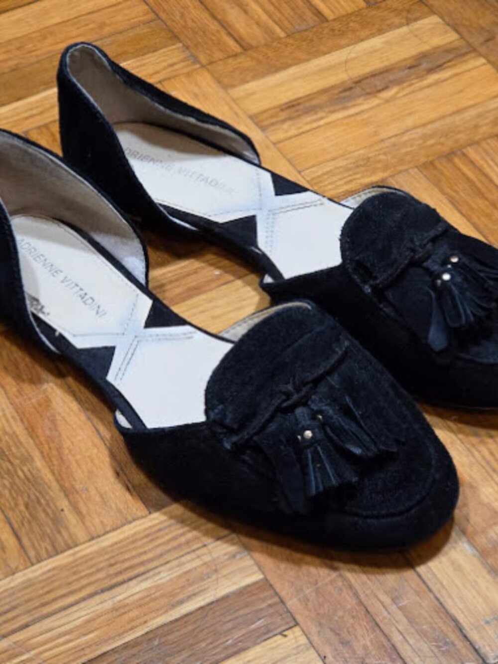Adrienne Vittadini Black Suede Tassel d'Orsay Flats Gold Heel - 7M